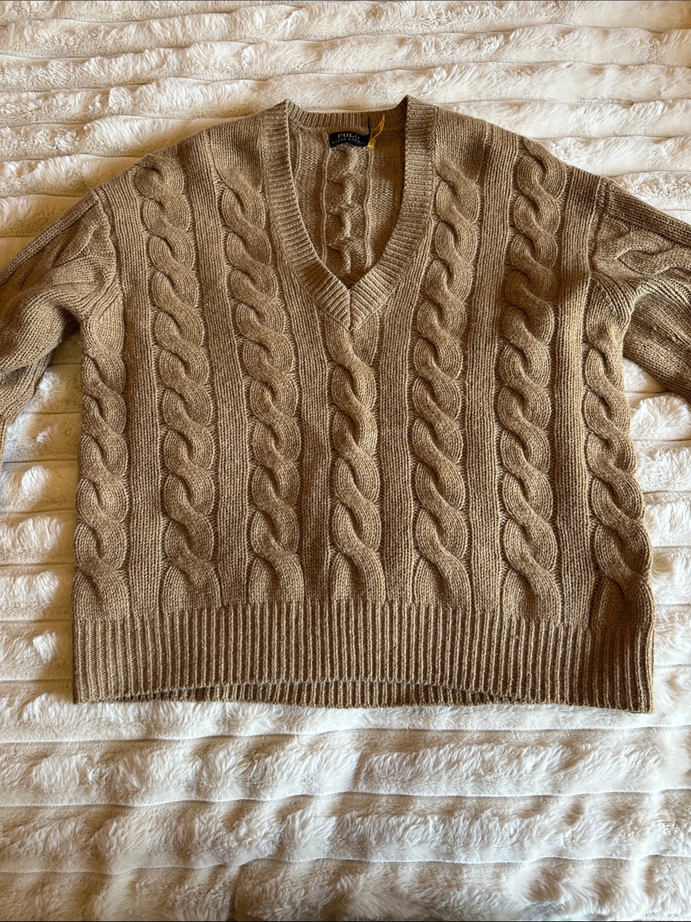 Polo by Ralph Lauren Cable Knit V-Neck Sweater in Tan
